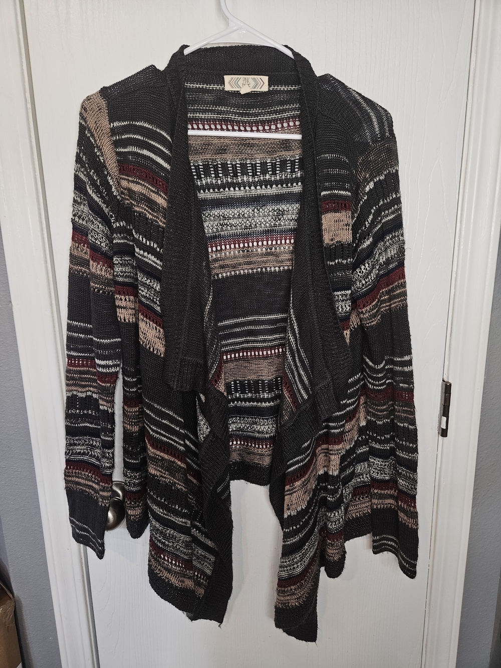 Pink Rose Gray Striped Open Drape Cardigan with Multicolor Accents